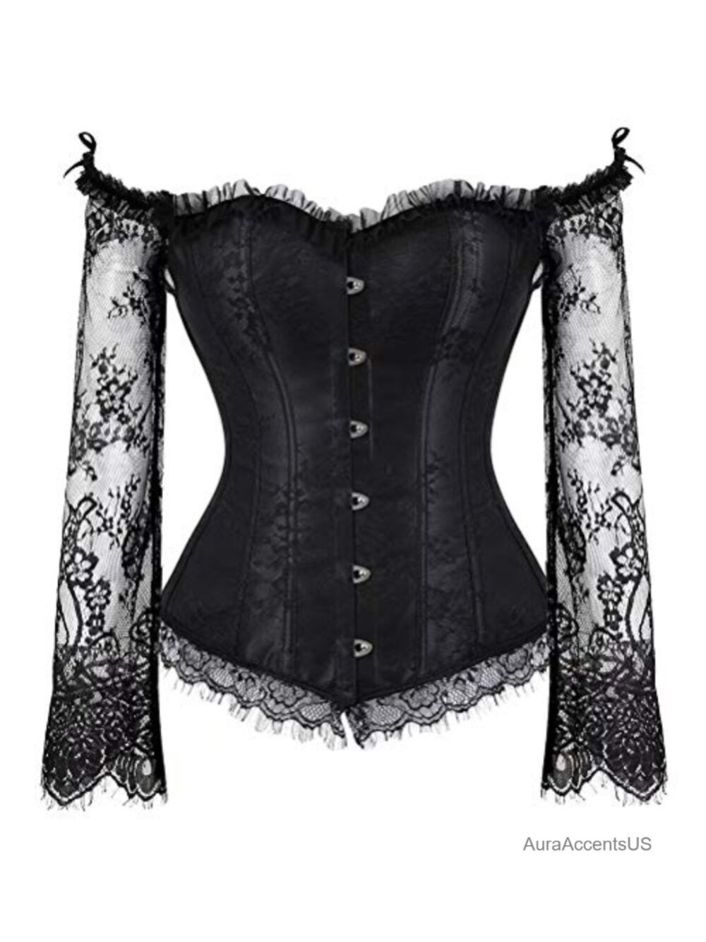 Women's Corset Top with Sleeves Floral Lace Bustier Overlay Sweetheart Neck,